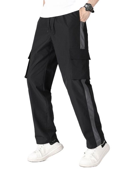 

men drawstring waist contrast side seam cargo pants k45w#, Black