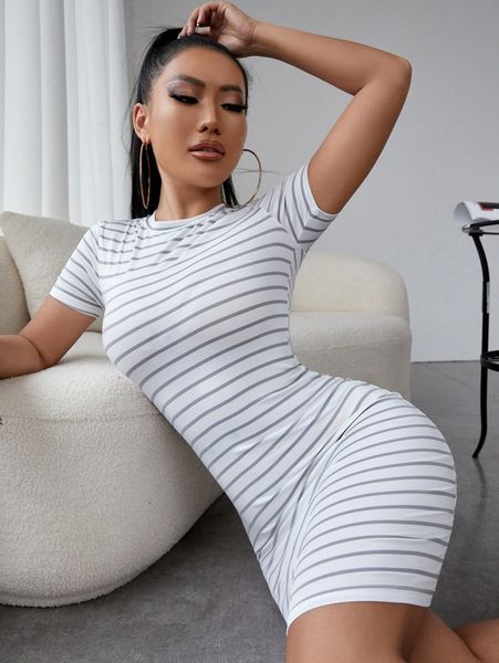 

sxy striped crew neck bodycon dress r2ri#, Black;gray