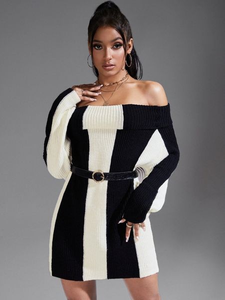 

sxy off the shoulder foldover sweater without belt 50w0#, White;black