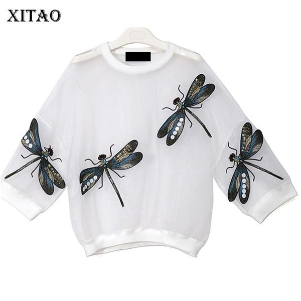 

xitao black white mesh t shirt dragonflies t shirt women embroidery sheer kawaii tee plus size t shirt chemise femme new ljt1723 y200722