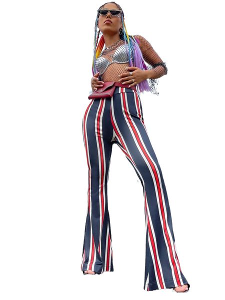 

striped print flare leg pants s26d#, Black;white