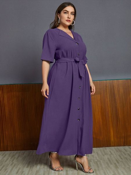 

plus button front belted dress f2kn#, Black