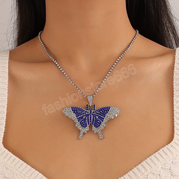 

sparking fully iced out crystal pave butterfly pendant fashion rhinestone bling animal necklace for women party gift, Silver