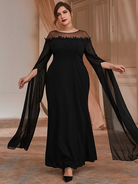 

plus mesh panel embroidery appliques extra-long sleeve prom dress b8ti#, Black