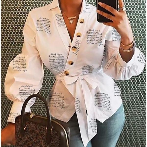

fall long sleeve fashion women v neck and blouses blusas mujer de moda bandage women streetwear outfits clothes y200402, White