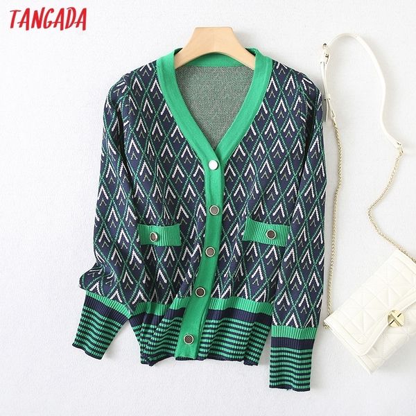 

tangada women elegant green diamond pattern cardigan vintage jumper crop knitted cardigan yu89 220514, White