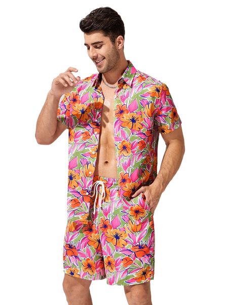 

men allover floral print shirt & drawstring waist shorts w3kc#, Gray