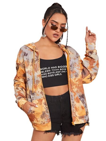 

drop shoulder letter graphic tie dye hoodie l7e3#, Black