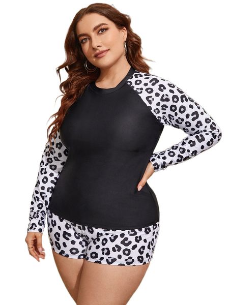 

plus leopard raglan sleeve high neck bikini swimsuit m8wr#, White;black