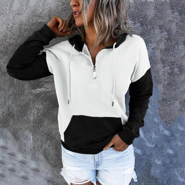 

women casual zipper v neck hoodies autumn winter sweatshirt style color patchwork long sleeve hooded female pullover moletom, Black