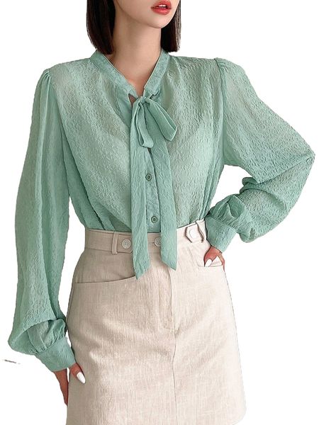 

dazy tie neck bishop sleeve textured shirt y1fo#, White