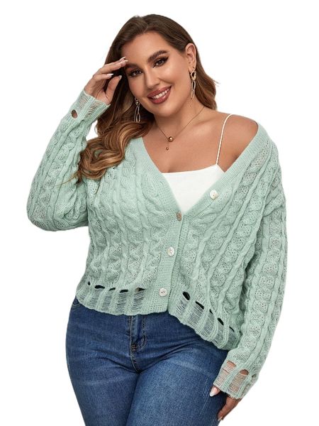 

plus cable knit ripped drop shoulder cardigan 62ei#, Black