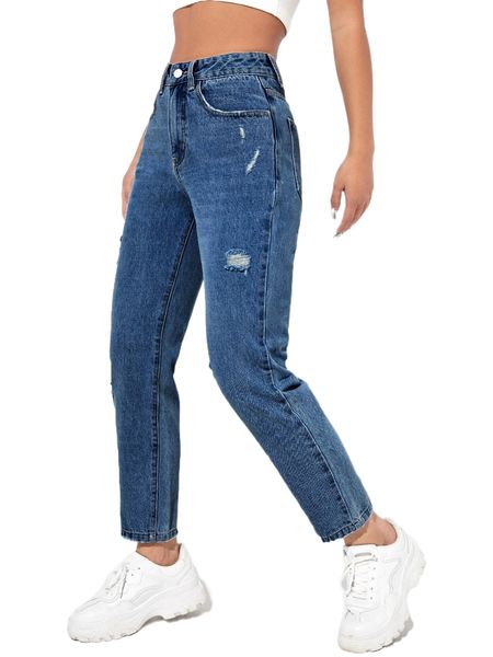 

high waisted ripped mom fit jeans t4bp#, Blue
