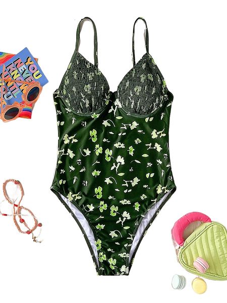 

ditsy floral print smocked bust underwire one piece swimsuit g9dq#, White;black