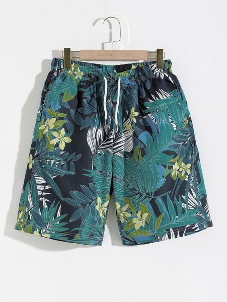 

men tropical print drawstring waist shorts i9m9#, White;black