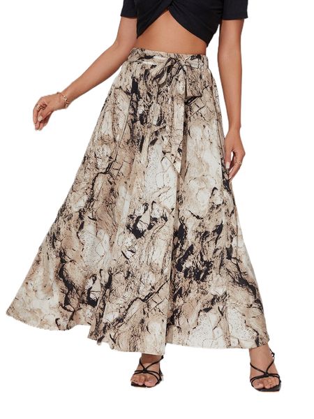 

high waist marble print belted skirt r5p8#, Black