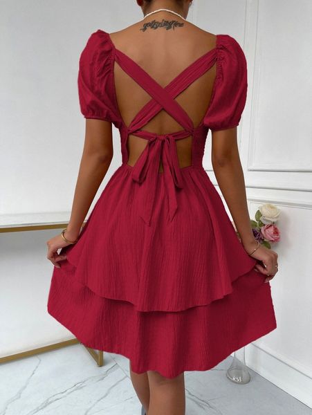 

shirred lace up back puff sleeve dress j1yb#, Black;gray