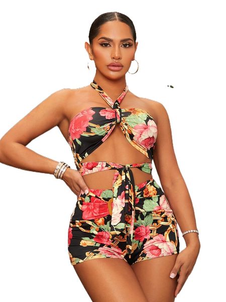 

floral print tie backless halter p658#, White