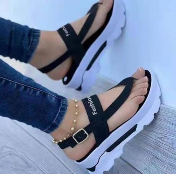 

large size wedge heel thong sandals outer wear roman sandals beach shoes, Black