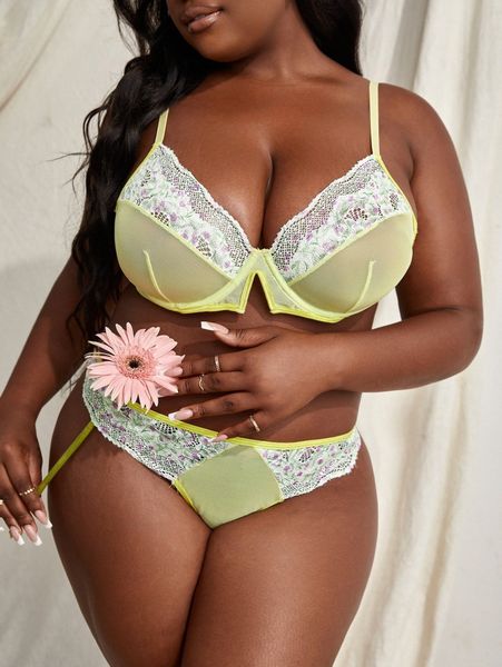 

plus contrast lace mesh underwire lingerie set 47wg#, Black;white