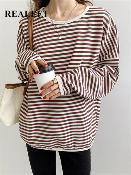 

women's tshirt realeft autumn winter striped tshirts vintage long sleeve oneck basic casual shirts female knitting lady 230206, White