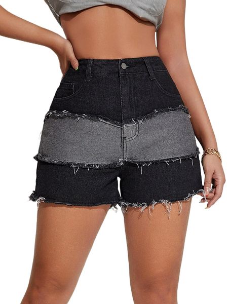 

raw hem colorblock denim shorts h3ol#, White;black