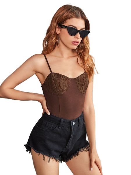 

contrast lace panel cami bodysuit s9p5#, White