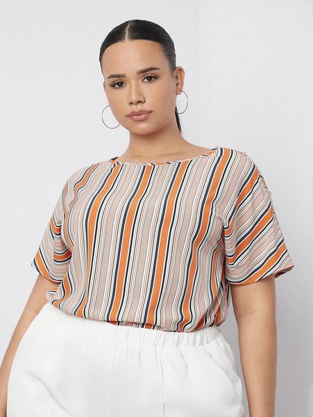 

plus batwing sleeve striped i5fk#, Black