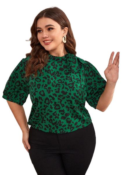 

plus leopard print tie neck blouse z00s#, Black