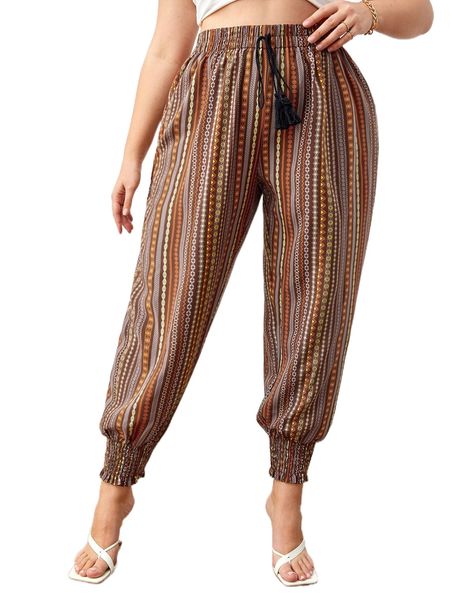 

plus geo print tassel tie front shirred hem carrot pants a3lf#, Black