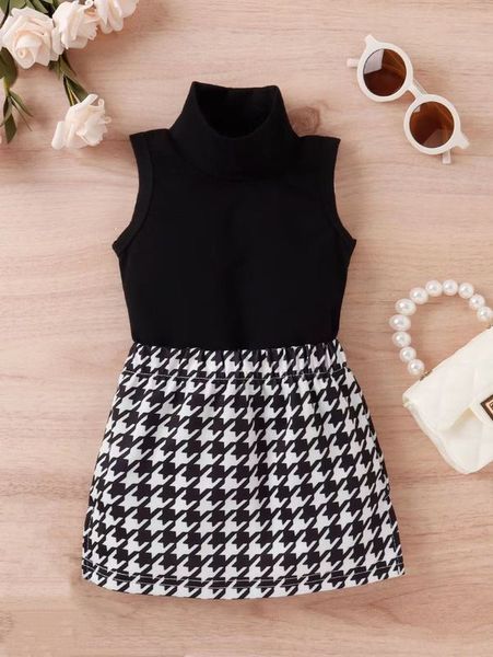 

toddler girls high neck tank & houndstooth print skirt she, White