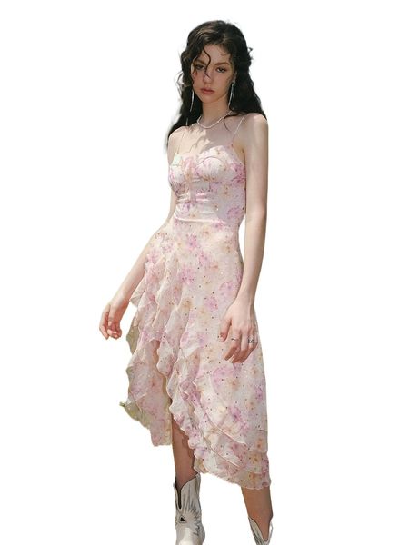 

floral print ruffle trim layered hem wrap cami dress s7mf#, Black;gray