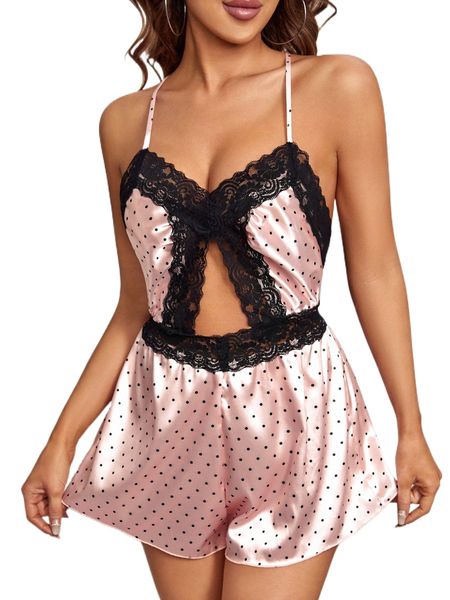 

lace trim polka dot satin cami sleep romper 69d6#, Black;red