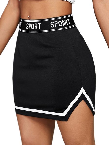 

letter graphic slit hem skirt b29i#, Black