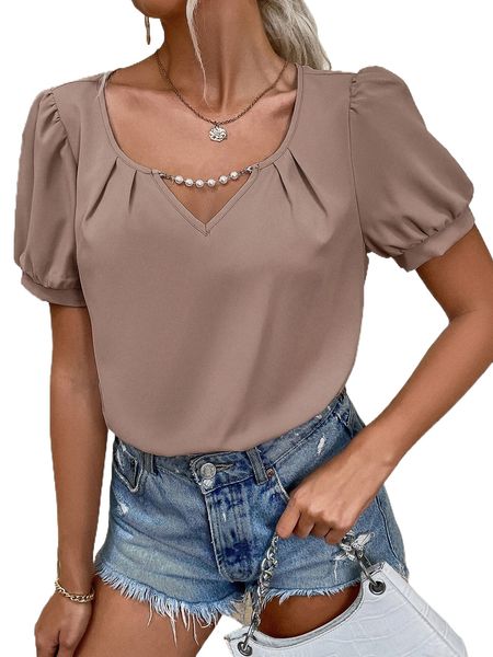 

pearls beaded puff sleeve fold pleated bodysuit v2cw#, White