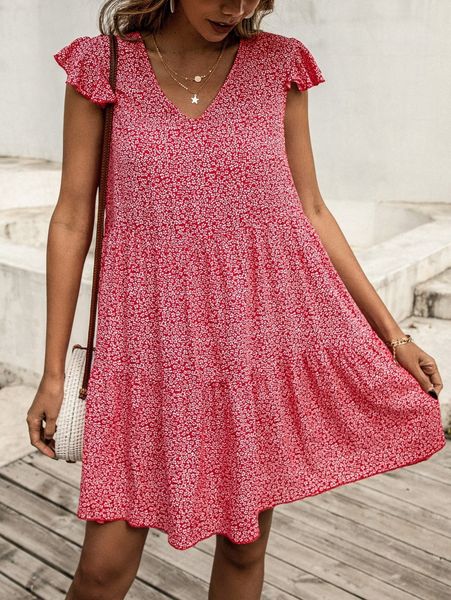 

ditsy floral print butterfly sleeve ruffle hem smock dress a0c9#, Black;gray