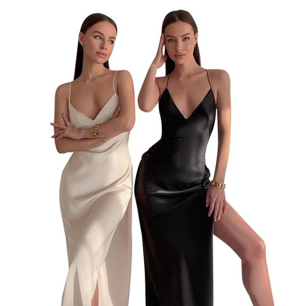 

casual dresses 2022 summer evening dress women camisole high split maxi bodycon skinny backless black straps elegant party woman, Black;gray