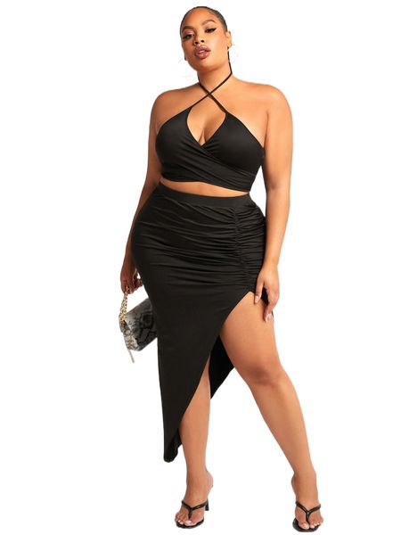

sxy x evettexo plus solid crop & ruched split thigh skirt g0ik#, Black
