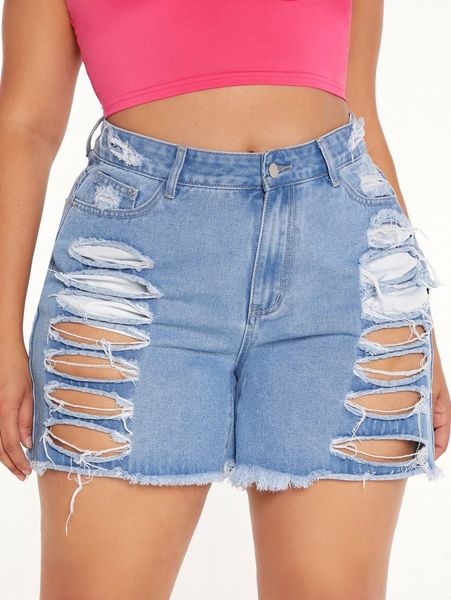 

plus high waist ripped raw trim denim shorts r2s4#, White;black