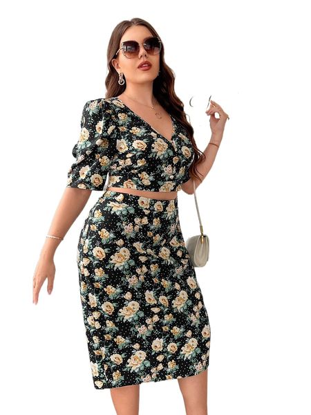 

plus floral print puff sleeve crop & skirt 507a#, Black