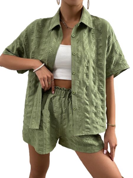 

drop shoulder textured blouse & paper bag waist shorts o7sr#, White