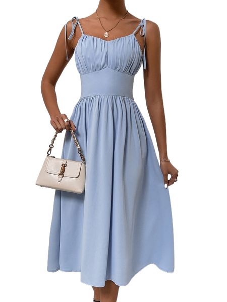 

tie shoulder ruched bust cami dress e5da#, Black;gray