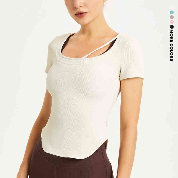 

high elastic nude yoga clothes women's summer tight thin sports fitness short sleeve, Gray
