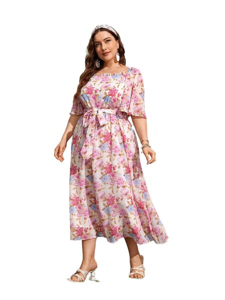

plus allover floral print butterfly sleeve belted dress 30ho#, Black