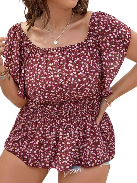 

plus ditsy floral butterfly sleeve shirred peplum blouse x4ac#, Black