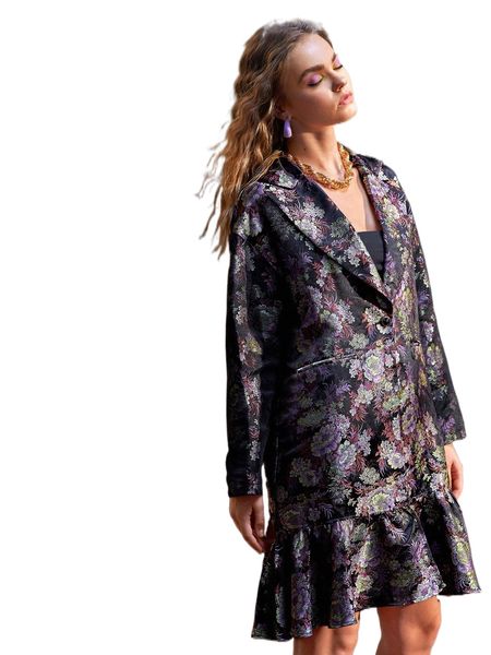 

x marÃ­a ponce lapel neck floral print ruffle hem coat n17t#, Black