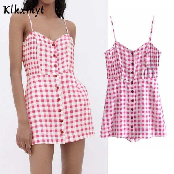 Klkxmyt Za Women Fashion Plaid Cotton Linen Short Playsuits Femme Sexy Backless Casual Buttonup Chic Beach Pagliaccetti 210527