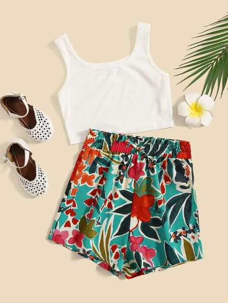 

sheen girls rib knit vest and printed shorts set she, White