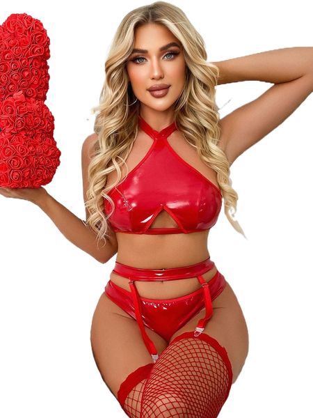 

4pack pu cut out halter garter lingerie set with 1pair stocking o4kn#, Black;red