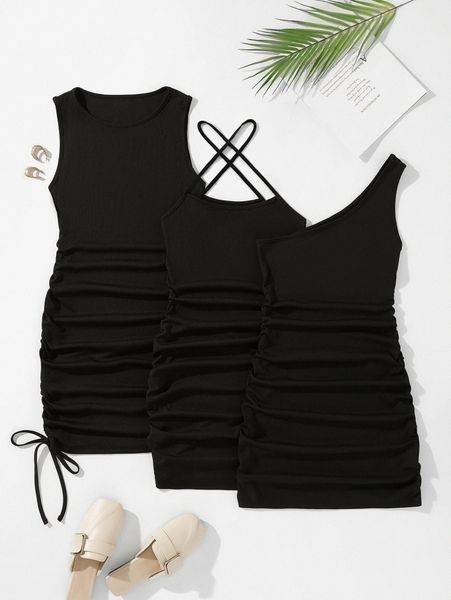 

3pcs ruched tie side one shoulder dress p9bb#, Black;gray
